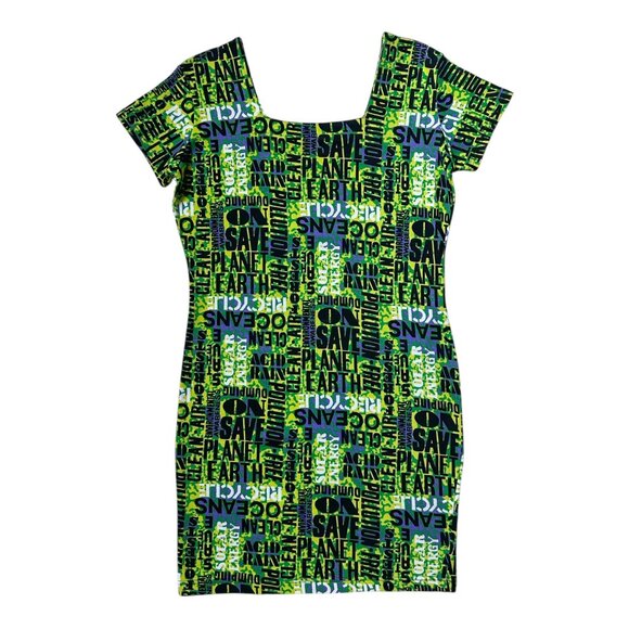 90s vintage Environment Slogan Print Mini Dress Stretch Bodycon Planet Earth. - Picture 1 of 7